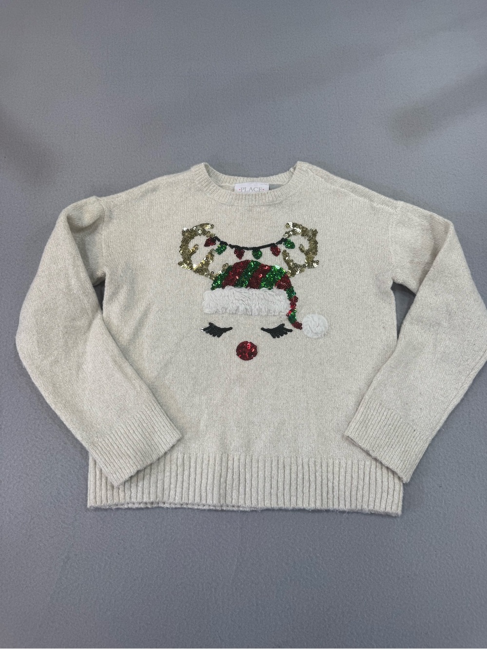The Children's Place Cream Sequin Reindeer Sweater with Red and Green Hat S 5/6